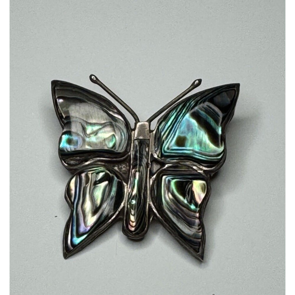 Vintage Alpaca Mexico Abalone Shell Butterfly Brooch Iridescent Inlay